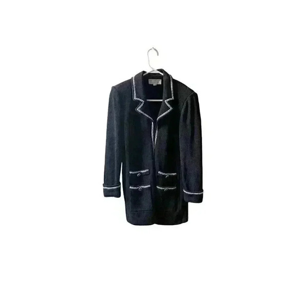 St. John Collection Santana Knit Black White Long Blazer Jacket Pockets Size 4 - Picture 1 of 13